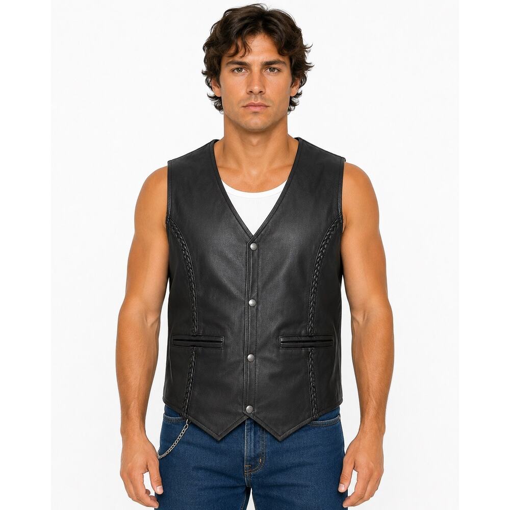 1990s Xelement Black Leather Braided Trim Biker Vest Men’s XL NWT